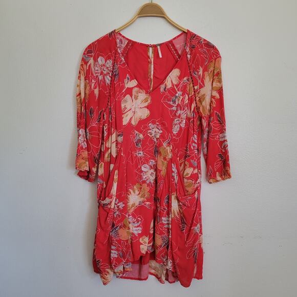 Free People All Eyes On You Floral Mini Swing Dress 4 Coral 3/4 Bell Sleeve - Picture 8 of 16